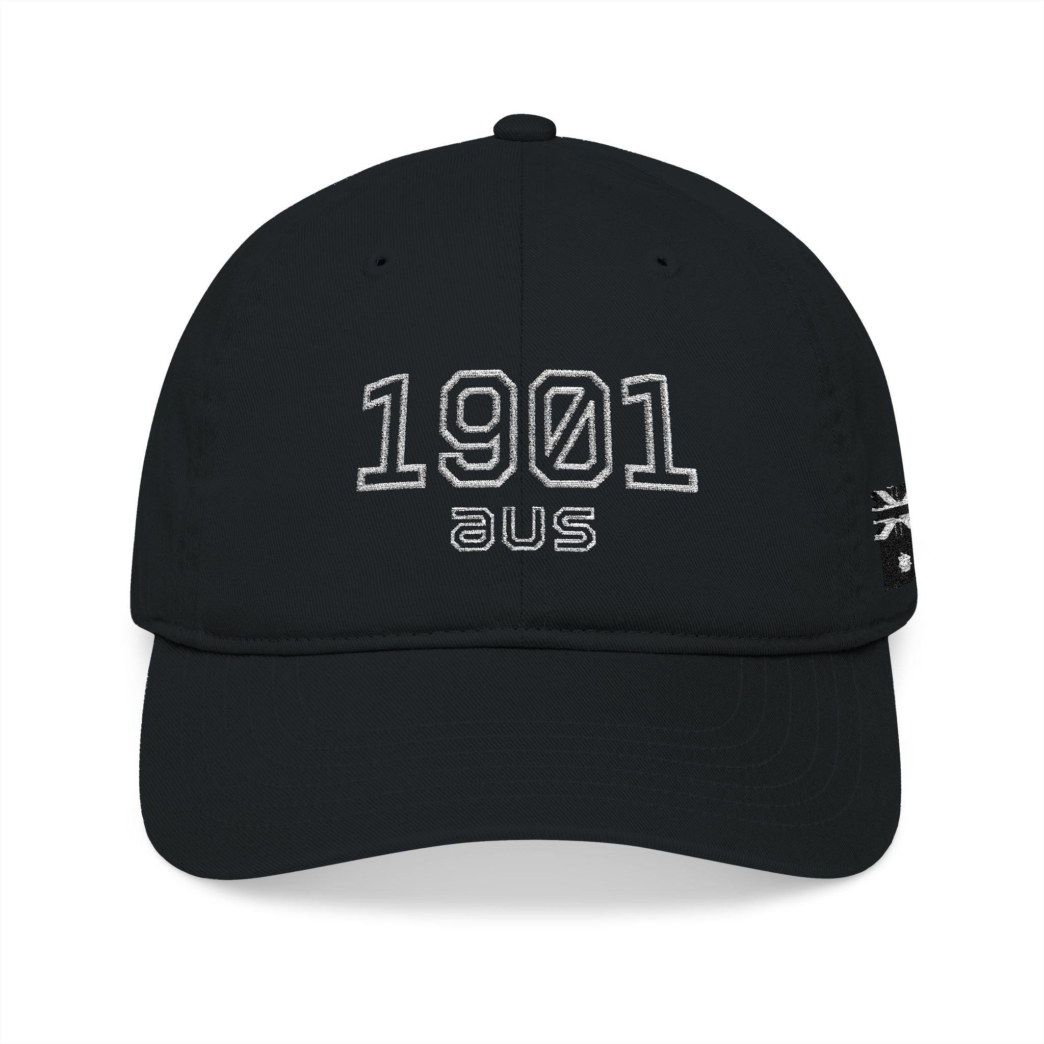 Black cap with '1901 aus' text on a white background